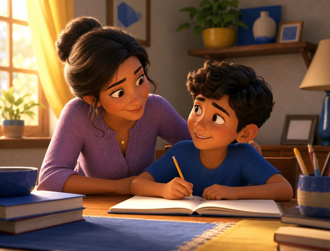 Ilustração de uma mãe ajudando o filho a estudar, sentados à mesa com caderno aberto